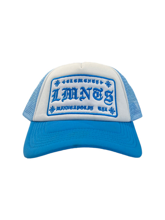 LMNTS Old English Trucker Hat (Light Blue)