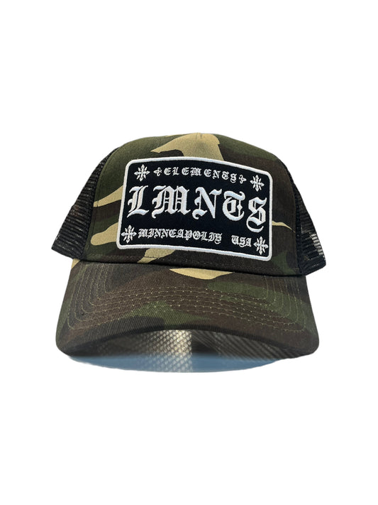 LMNTS Old English Trucker Hat (Camo)
